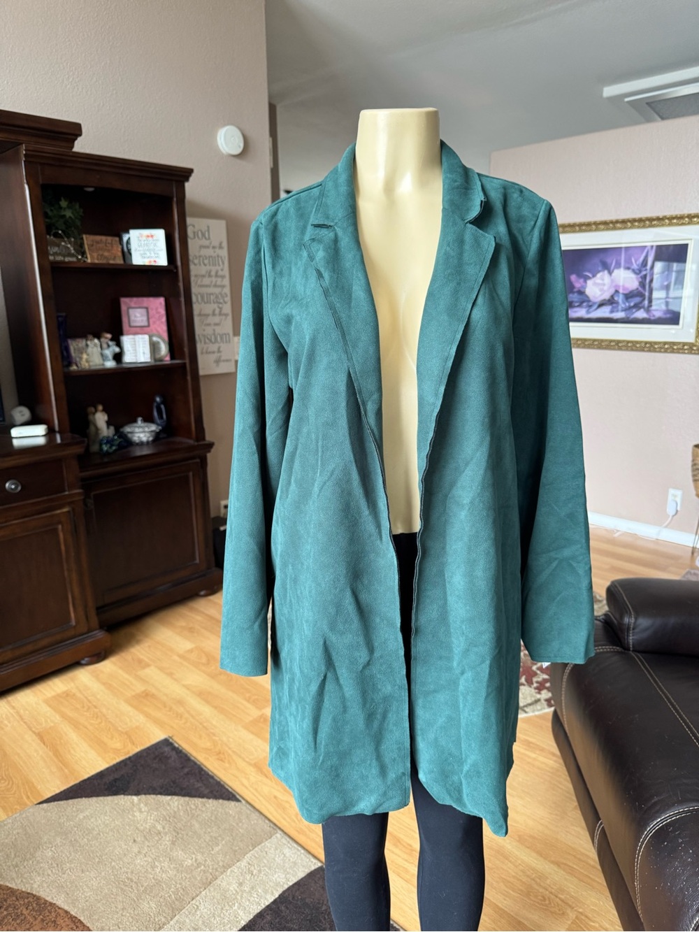 Chocolate green suede open front jacket w/pockets-size L